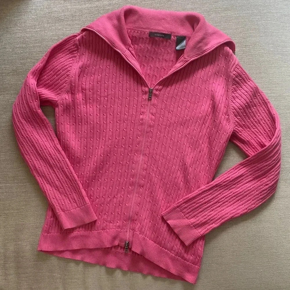 Liz Claiborne Braided Knit Collared Zip Up Sweater Pullover Cardigan Pink Size L - Picture 1 of 16